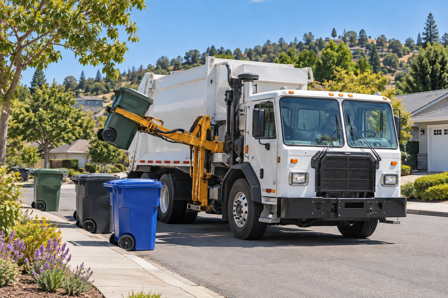 Unbranded waste collection truck on a residential street